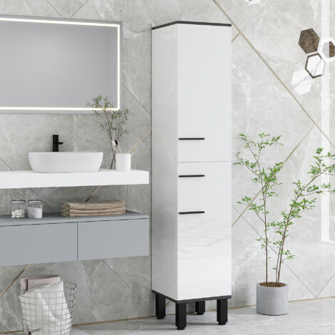 Armario Alto de Baño con Cajón 2 Puertas y Estantes Ajustable Mueble Auxiliar de Baño Anti-vuelco 34x32x170 cm Blanco