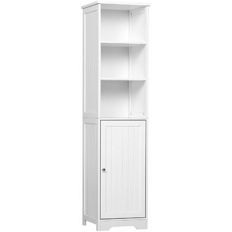 KLEANKIN Armario Alto de Baño de 5 Niveles Columna Auxiliar de Baño con 3 Estantes 1 Puerta y Balda Interior Ajustable 40x38x160 cm Blanco