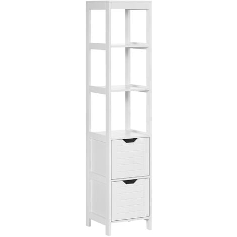 KLEANKIN Armario alto de baño multiusos mueble columna con 3 estantes abiertos y 2 cajones de almacenaje diseño antivuelco 30x30x144 cm