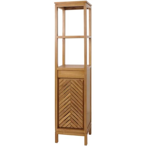 Armario alto de teca HHG-503, armario de baño, 1 puerta 4 compartimentos, teca de calidad B (duramen, 20-30 años) 181x40x35cm