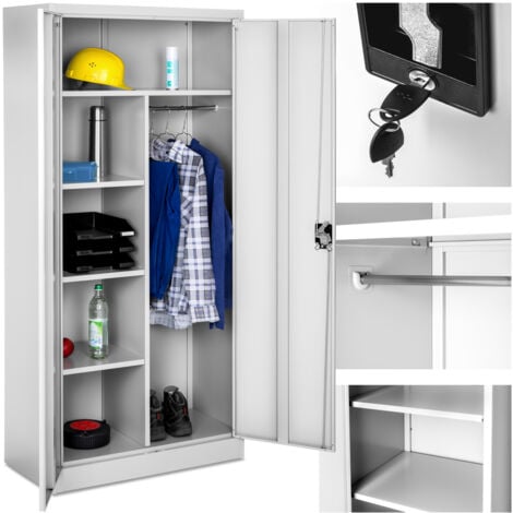 Armario archivador con cierre de seguridad y 6 compartimentos + barra ropero - armario metálico de oficina, mueble archivador de acero con cerradura, armario de metal multiusos - 80 cm