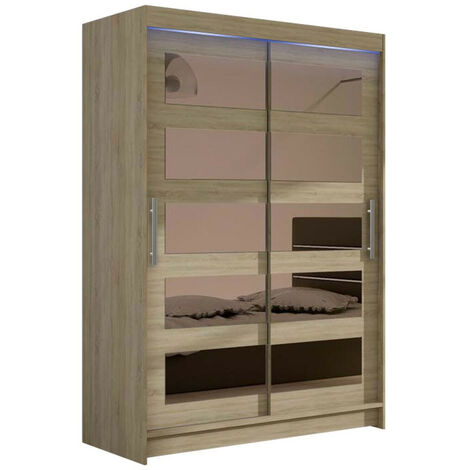 Armario Closico 111, Roble Sonoma, 200x120x58cm, Puertas de armario: Correderas, Número de estantes: 5, LED