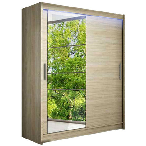 Armario Closico 112, Roble Sonoma, 200x150x58cm, Puertas de armario: Correderas, Número de estantes: 5, LED