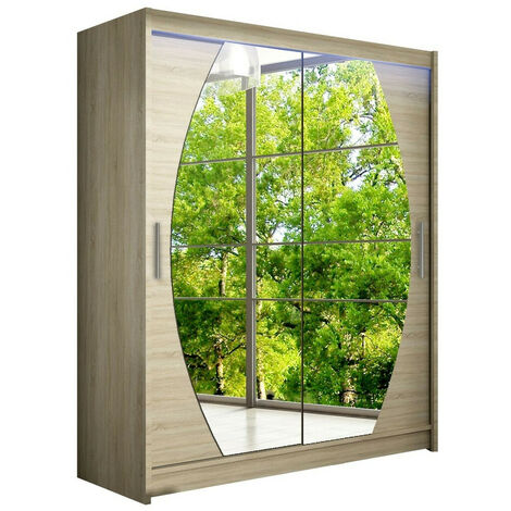 Armario Closico 121, Roble Sonoma, 200x150x58cm, Puertas de armario: Correderas, Número de estantes: 5, LED