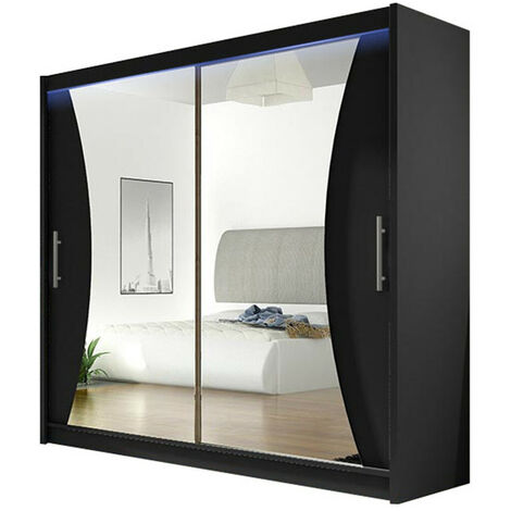 Armario Closico 124, Negro, 215x180x57cm, Puertas de armario: Correderas, Número de estantes: 5, LED