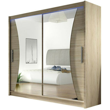 Armario Closico 124, Roble Sonoma, 215x180x57cm, Puertas de armario: Correderas, Número de estantes: 5, LED