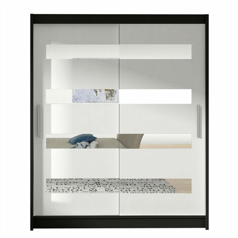 Armario Closico 136, Negro + Blanco, 200x150x58cm, Puertas de armario: Correderas, Número de estantes: 5
