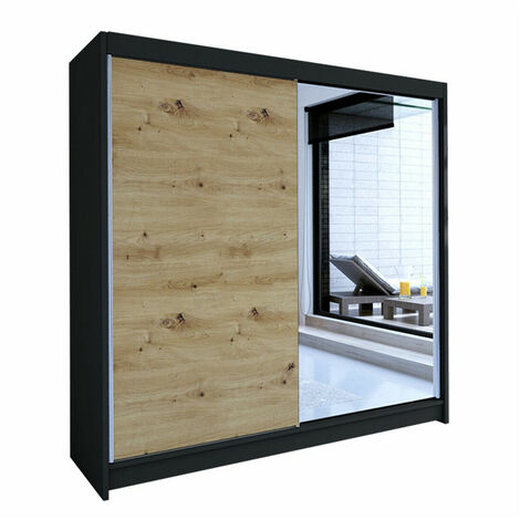 Armario Closico 137, Negro + Roble Artisan, 215x180x58cm, Puertas de armario: Correderas, Número de estantes: 5