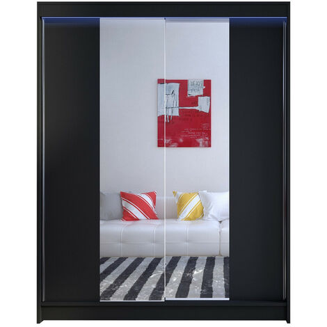 Armario Closico 141, Negro, 200x150x58cm, Puertas de armario: Correderas, Número de estantes: 5, LED