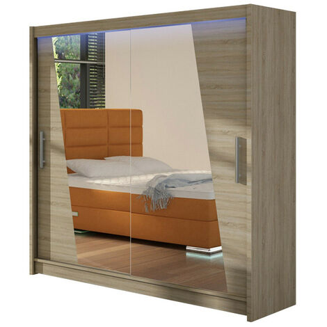 Armario Closico 144, Roble Sonoma, 215x180x58cm, Puertas de armario: Correderas, Número de estantes: 5, LED