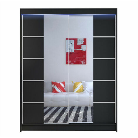 Armario Closico 146, Negro, 200x150x58cm, Puertas de armario: Correderas, Número de estantes: 5, LED