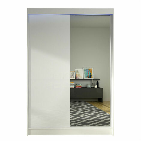 Armario Closico 147, Blanco, 200x120x58cm, Puertas de armario: Correderas, Número de estantes: 5, LED