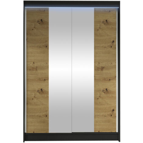 Armario Closico 148, Negro + Roble Artisan, 200x120x58cm, Puertas de armario: Correderas, Número de estantes: 5, LED