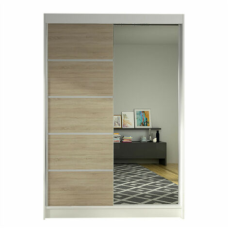 Armario Closico 149, Blanco + Roble Sonoma, 200x120x58cm, Puertas de armario: Correderas, Número de estantes: 5