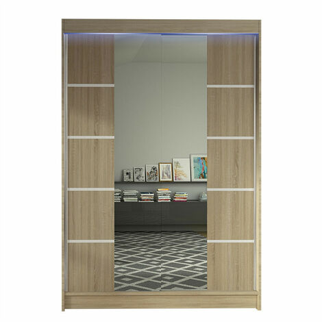 Armario Closico 151, Roble Sonoma, 200x120x58cm, Puertas de armario: Correderas, Número de estantes: 5, LED