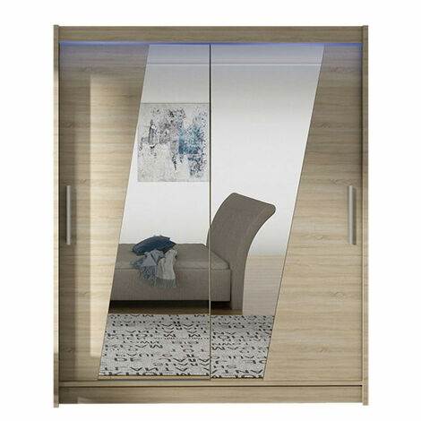 Armario Closico 155, Roble Sonoma, 200x150x58cm, Puertas de armario: Correderas, Número de estantes: 5, LED