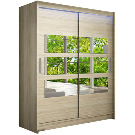 Armario Closico 157, Roble Sonoma, 200x150x58cm, Puertas de armario: Correderas, Número de estantes: 5, LED
