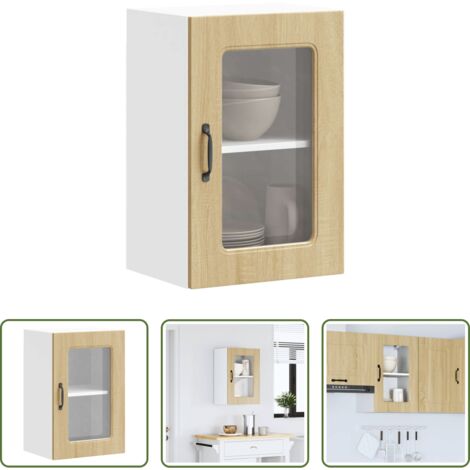 Armario cocina cristal -  Armario de cocina de pared con puerta de cristal "Kalmar" de, roble Sonoma, madera de ingeniería