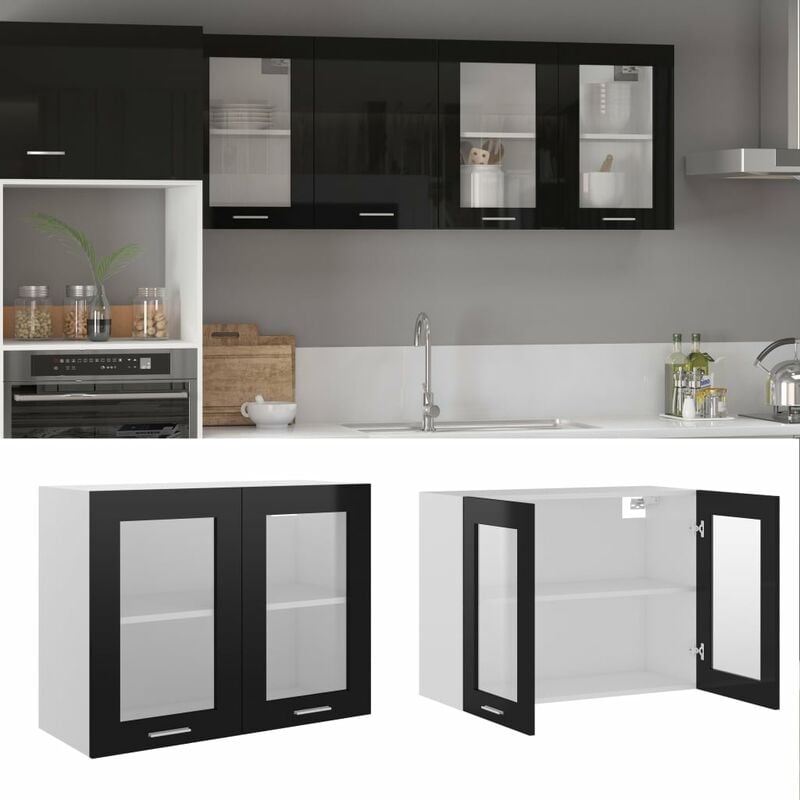 

Armario colgante cristal y aglomerado negro brillo 80x31x60 cm