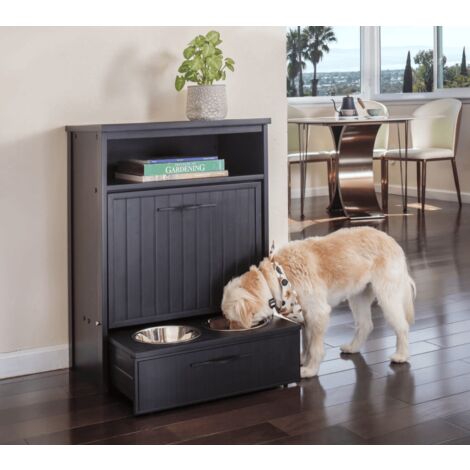 Armario comedero para Mascotas LUISIANA - Dos Cuencos de Acero Inoxidable accesibles para Perros y Gatos - 36,4x58,4x83,2cm (Negro)