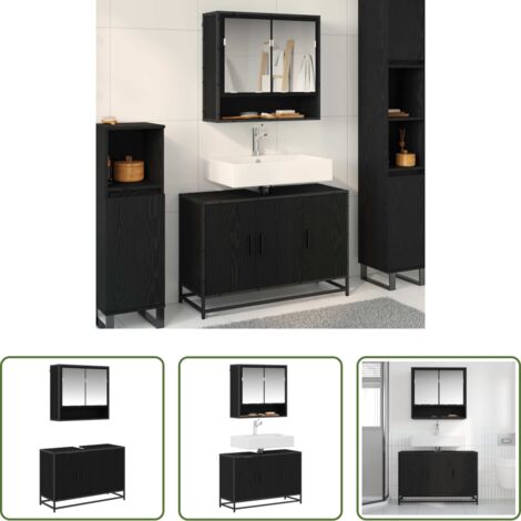 Armario con espejo -  Juego de muebles de baño 2 pcs Roble Negro Madera contrachapada