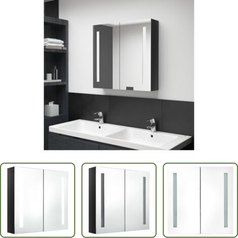 Armario con espejo LED -  Armario de baño con espejo LED negro brillante 62x14x60 cm