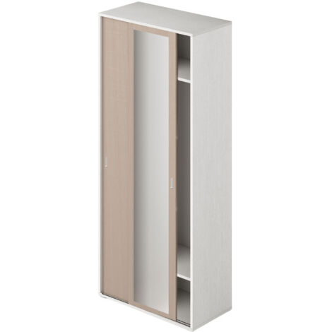Armario con espejo, puertas correderas y perchero, color Olmo, estructura Blanca, 212x90x43cm