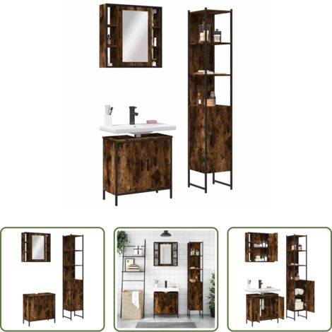 Armario con espejo -  Set de muebles baño 3 pzas madera contrachapada roble ahumado