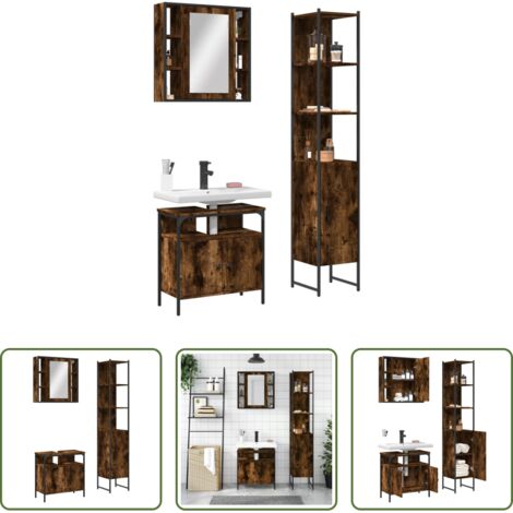 Armario con espejo -  Set de muebles baño 3 pzas madera contrachapada roble ahumado