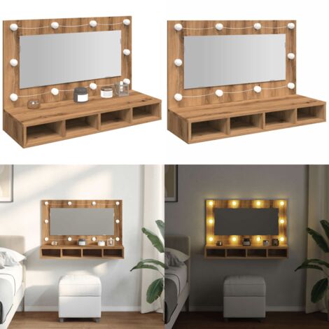 Armario con espejo y LED Roble Artesano 90x31,5x62 cm - Armario con luz LED - Armario de pared