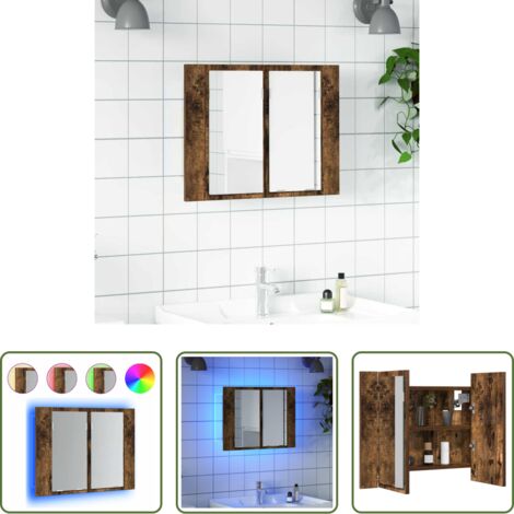 Armario con luz LED -  Armario con espejo LED madera roble ahumado 60x12x45 cm