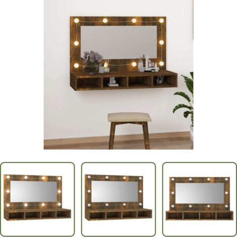 Armario con luz LED -  Mueble con espejo y LED color roble ahumado 90x31,5x62 cm
