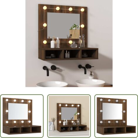 Armario con luz LED -  Mueble con espejo y LED marrón roble 60x31,5x62 cm