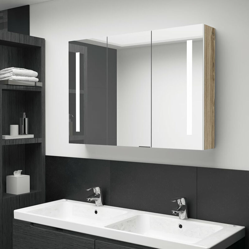 

Happyshopping - Armario cuarto bano con espejo y LED 89x14x62 cm blanco y roble