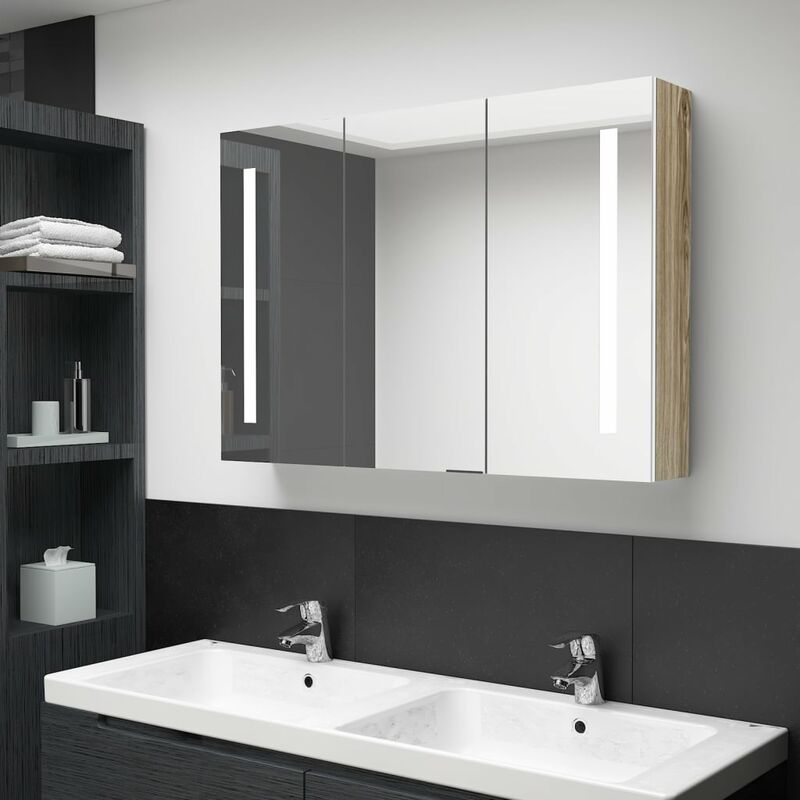 

Armario cuarto baño con espejo y LED 89x14x62 cm blanco y roble