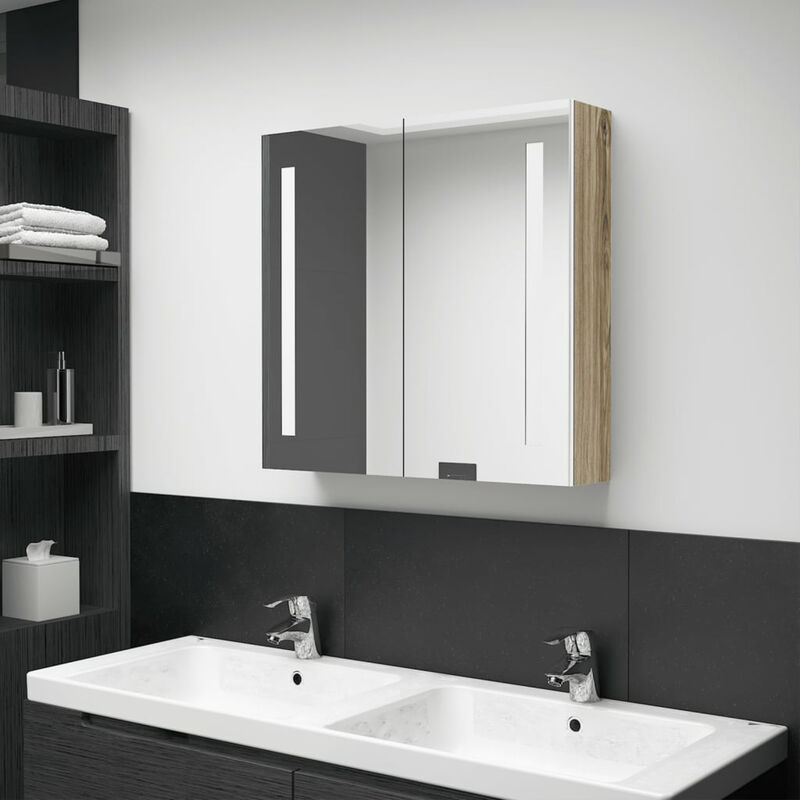

Armario cuarto bano con espejo y LED blanco y roble 62x14x60 cm