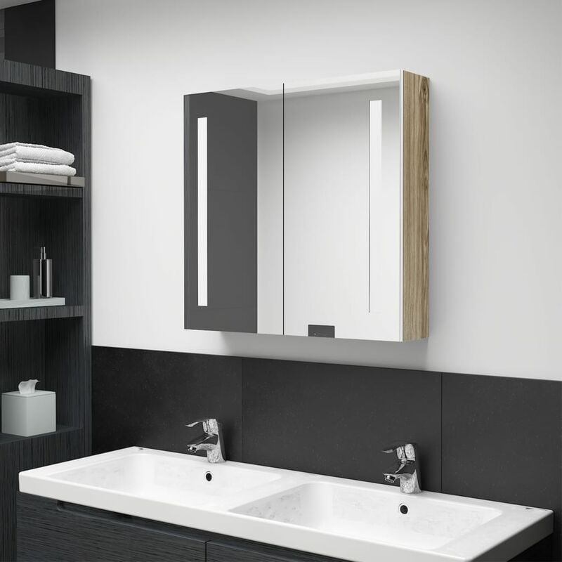 

Armario cuarto baño con espejo y LED blanco y roble 62x14x60 cm