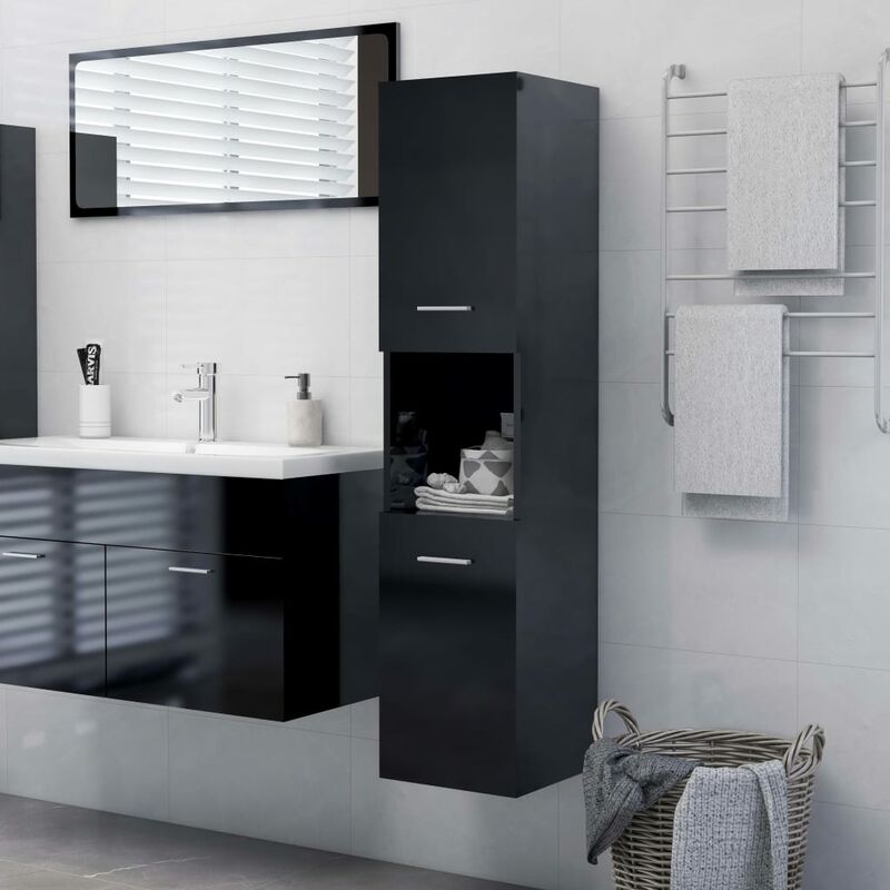 

Armario cuarto de baño aglomerado negro brillante 30x30x130 cm