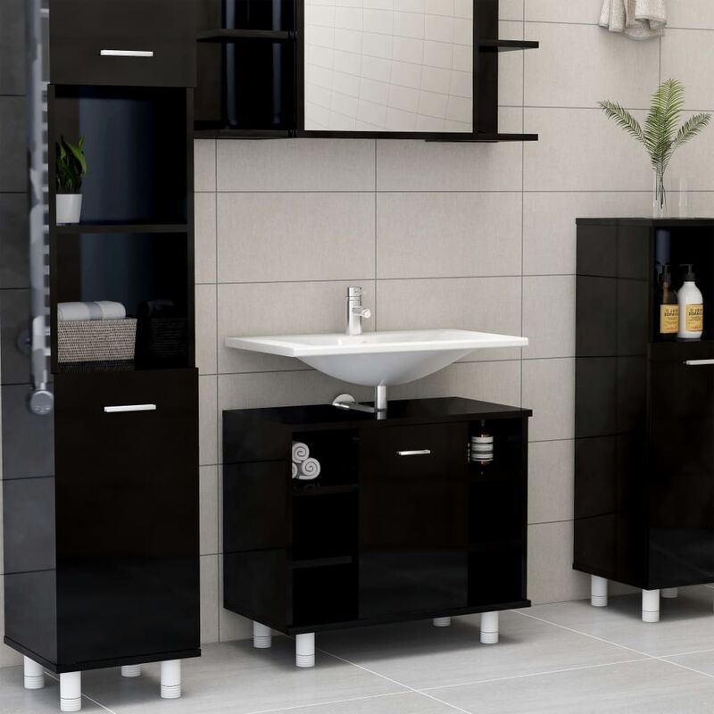 

Armario cuarto de baño aglomerado negro brillante 60x32x53,5 cm