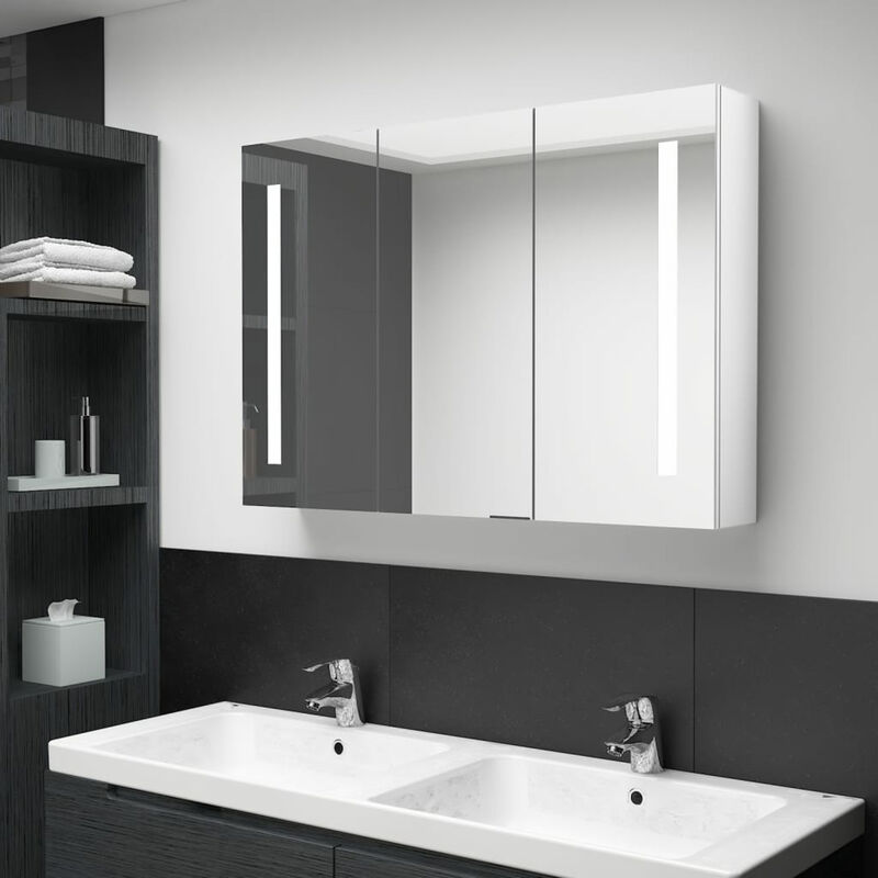 

Armario cuarto de bano con espejo LED 89x14x62 cm blanco brillo
