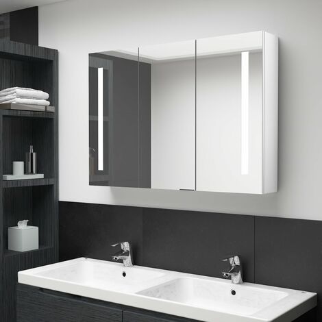 Armario cuarto de baño con espejo LED 89x14x62 cm blanco brillo