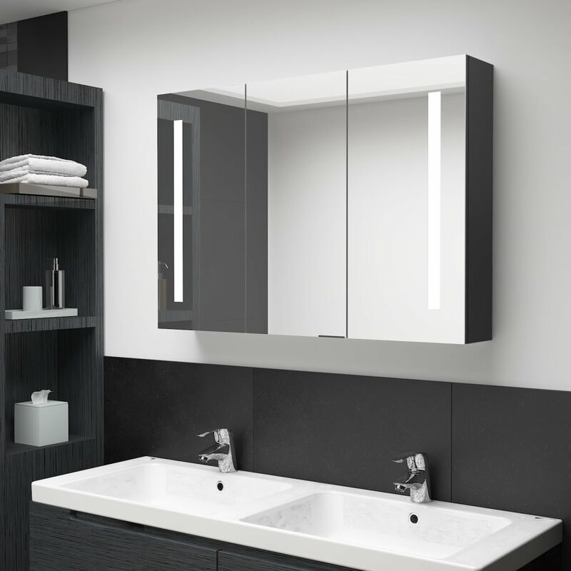 

Armario cuarto de baño con espejo LED 89x14x62 cm negro brillo
