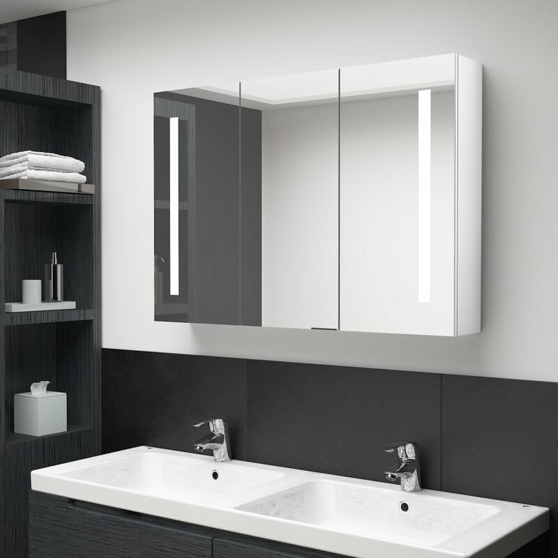 

Armario cuarto de baño con espejo LED 89x14x62 cm blanco brillo
