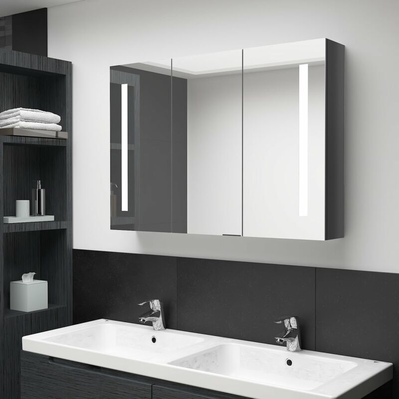 

Armario cuarto de baño con espejo LED 89x14x62 cm gris brillo