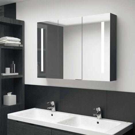 Armario cuarto de ba?o con espejo LED 89x14x62 cm negro brillo