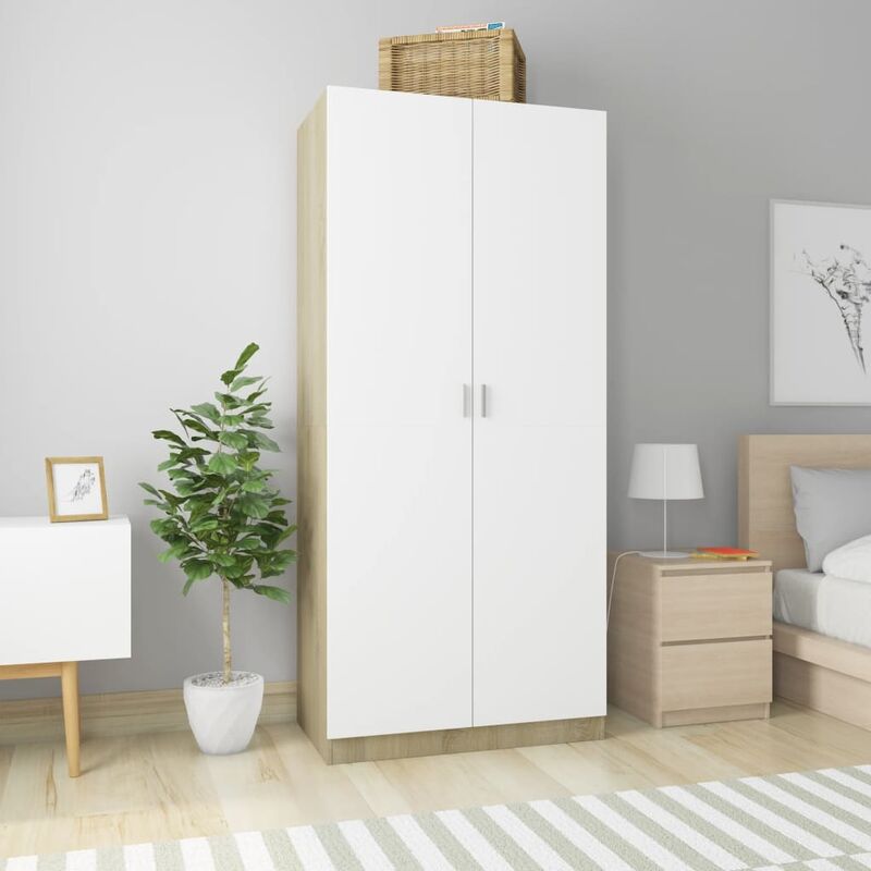 

Armario de aglomerado blanco y roble Sonoma 90x52x200 cm - Blanco