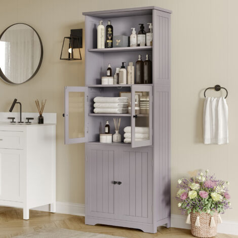 Armario de almacenaje acabado totalmente lacado puertas de cristal y madera estantes ajustables gris 57.4x28.5x160 cm