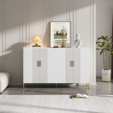 Armario de almacenamiento, aparador de comedor, con 4 puertas abatibles, decoración dorada, blanco mate, 160×35×100 cm