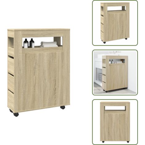 Armario de almacenamiento - vidaXL Armario de baño estrecho con ruedas madera roble Sonoma - Mueble de baño con ruedas