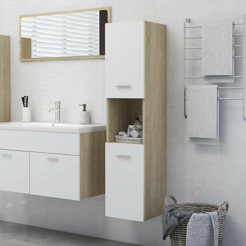

Happyshopping - Armario de bano aglomerado blanco y roble Sonoma 30x30x130 cm